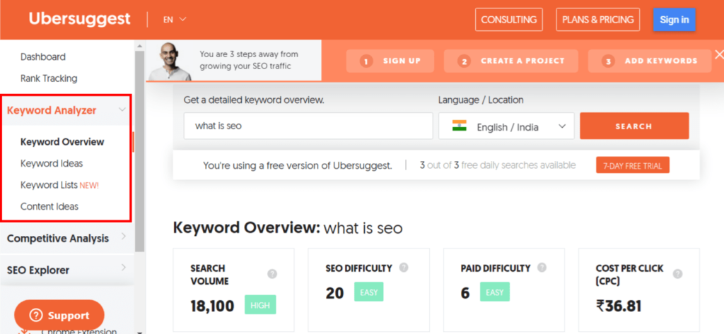 show keyword research result